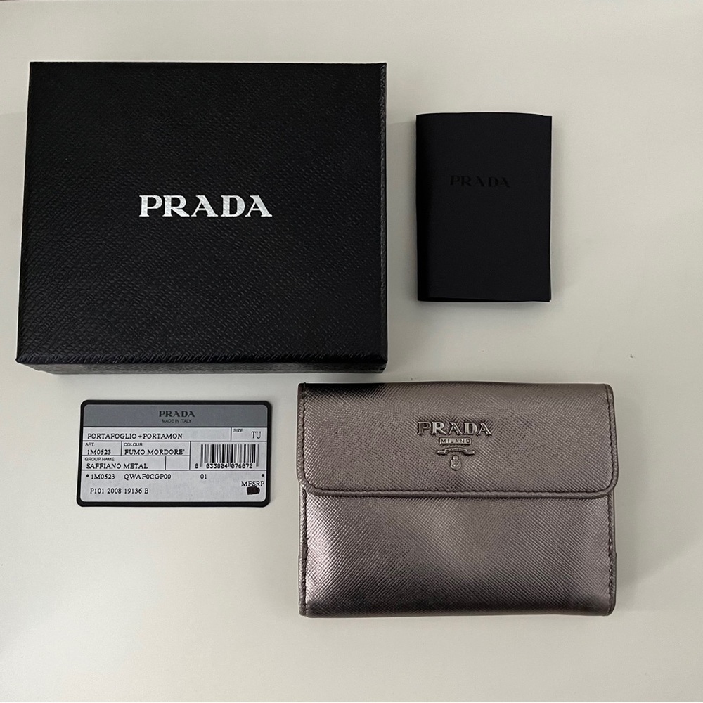 Prada Saffiano Metallic Silver Gray Leather Wallet